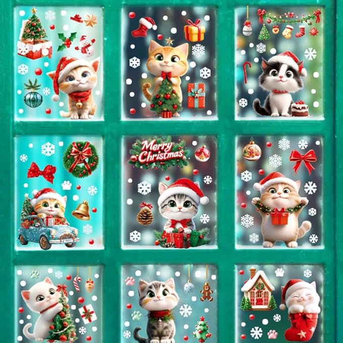 9 Sheets Christmas Cats Window Clings Reusable Kitty Animal Xmas Tree Window Decals Double Side Printed Window Stickers Glass Door Home Party Supplies Showcase Decoration