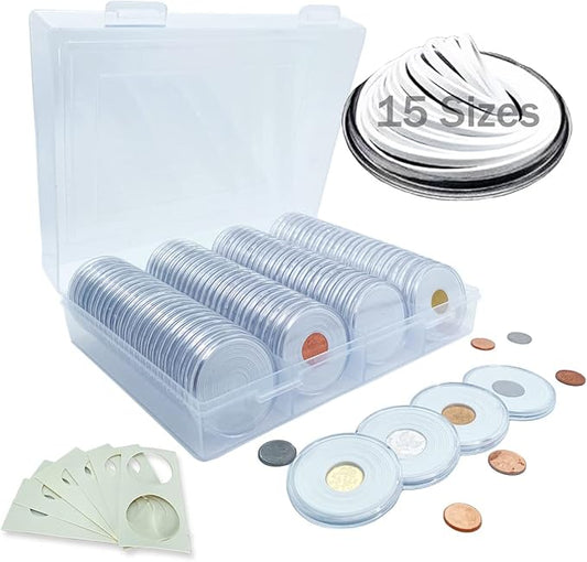 100 Pcs 46mm Silver Dollar Coin Holder Capsules and 15 Sizes(Match All 12-46mm) Protect Gasket for Collection Supplies,Plastic Coin Case with Storage Organizer Box for Collectors and 6 Pcs Coin Flip