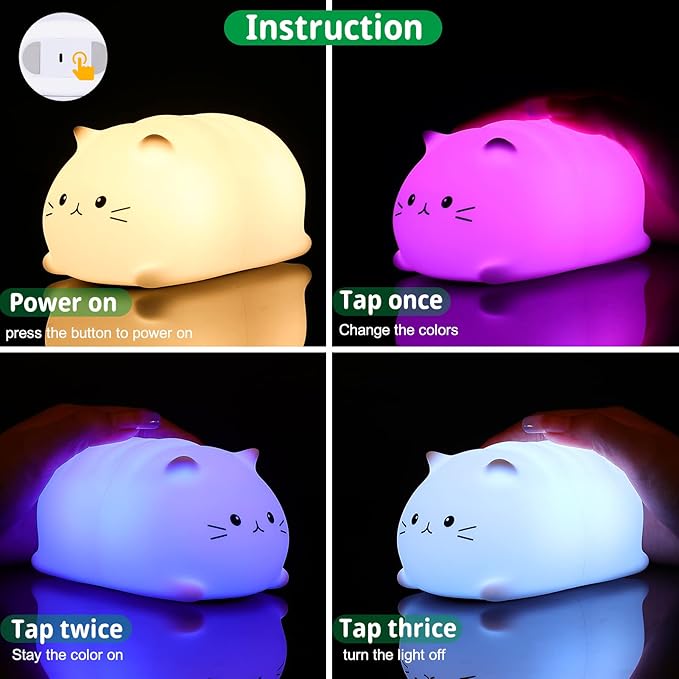 Tremdwoto Cat Night Light for Kids,Cute Colorful Night Light Baby Girl Squishy Night Lights Lamp 3 Hour Timer Kitty Light USB Rechargeable Nursery Lamp Nightlight ，Gifts for Boys and Girls