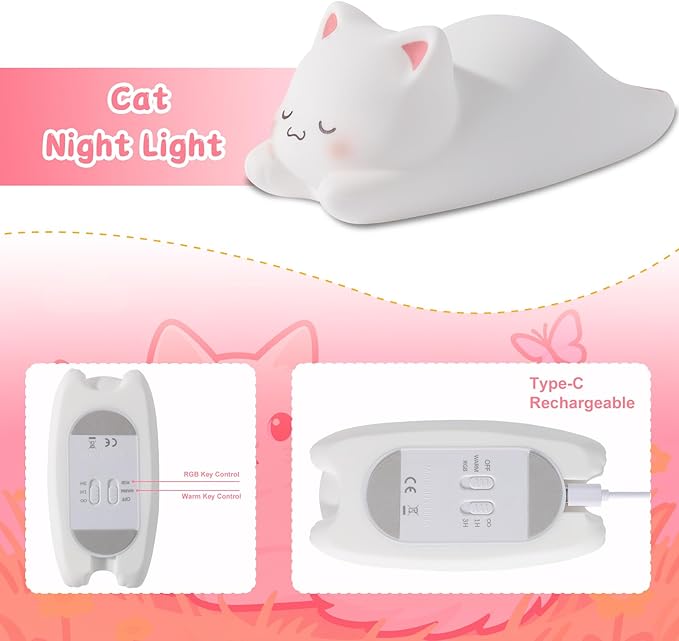ZKLiLi Night Light for Kids Lamp,16 Colors Cute Cat Lamp, Dimmable Baby Night Lights for Nursery Toddler,Silicone Rechargeable Nightlight for Kids Room, Kawaii Room Decor Cat Decor Gifts for Girls