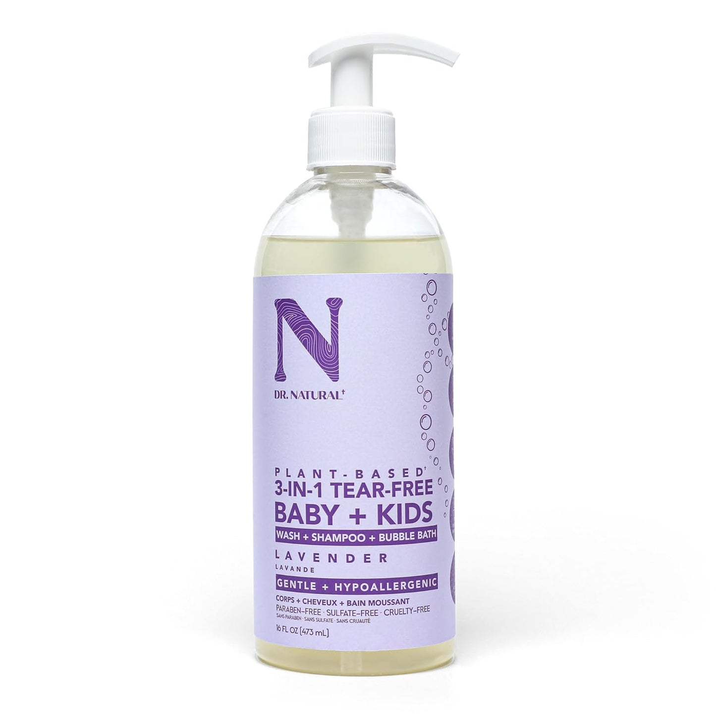 Dr. Natural 3-in-1 Tear-Free Baby Plus Kids Soap - Head-to-Toe Soap and Shampoo - Sensitive Skin Moisturizing Body Wash - Lavender - 16 oz