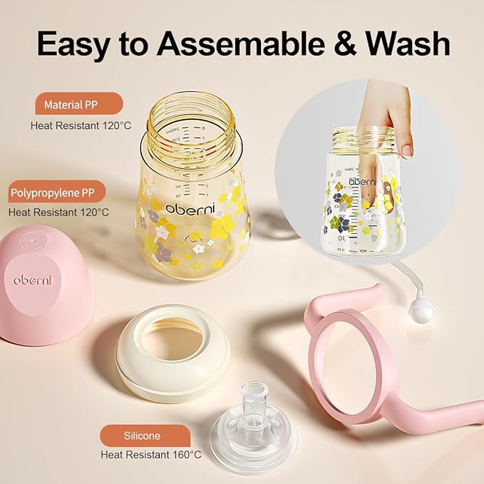 No Spill Sippy Cups,Weighted Straw Toddler Water Bottle with Handle,Spill Proof Toddler Cup with 2 Nipple for Baby 6-12 Months and Toddlers 1-3 (PP, 8 Ounce, Pink, 1 Pack)