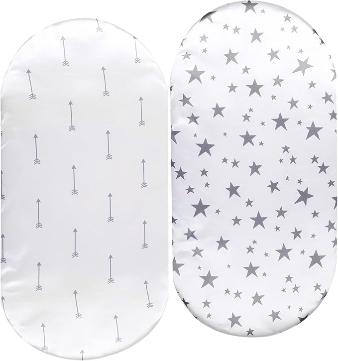 Bassinet Sheet Set 2 Pack Satin Ultra Soft Silk Fit for Rectangle, Hourglass, Oval Bassinet Mattress Protect for Baby Hair and Skin Cradle or Bassinet Sheets, Arrows & Stars