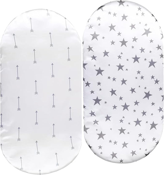 Bassinet Sheet Set 2 Pack Satin Ultra Soft Silk Fit for Rectangle, Hourglass, Oval Bassinet Mattress Protect for Baby Hair and Skin Cradle or Bassinet Sheets, Arrows & Stars