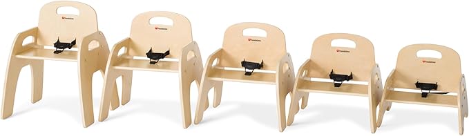 Foundations Simple Sitter Low Wood Feeding Chairs Multipack, Wide No-Tip Base, Adjustable Safety Harness, Stackable Wood Toddler Chairs with Food Service Grade Finish, 2 Pack (11 inch)