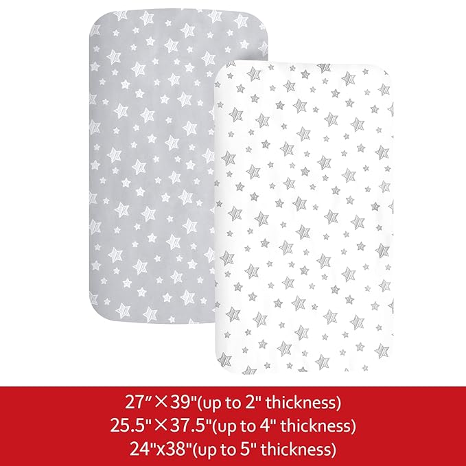Pack and Play Sheets, 2 Pack Mini Crib Sheets, Stretchy Playard Fitted Sheet, Compatible with Graco Pack n Play, Soft and Breathable Material, Grey & White