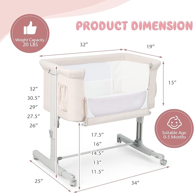 BABY JOY Bassinet Bedside Sleeper, 3 in 1 Folding Crib w/Adjustable Height, Mattress, Lockable Wheels, Storage Pocket & Carry Bag for Infant Newborn, Stationary & Rock, Portable Baby Bassinet (Beige)