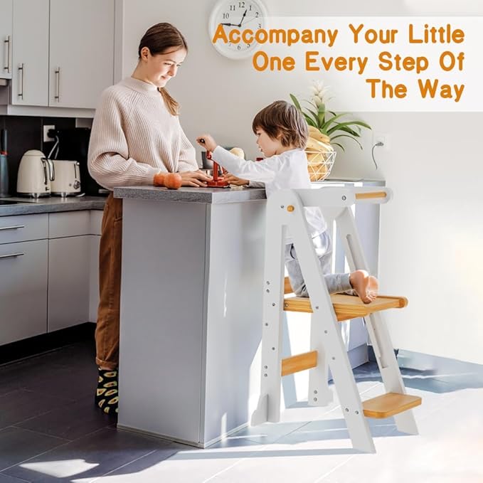 Toddler Tower, Foldable Step Stool for Toddlers, Toddler Kitchen Stool Helper with 3 Adjustable Height Safty Rail and Anti-Tip Structure, Learning Tower for Toddlers Baby Kids