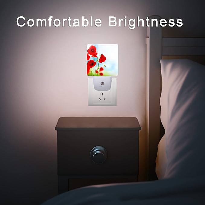 Red Poppy Flower Night Light,Plug into Wall Night Lights 0.5W Sleep Friendly for Boys Girls Led Night Light Dusk to Dawn Sensor Nightlight for Stairway/Hallway/Kitchen