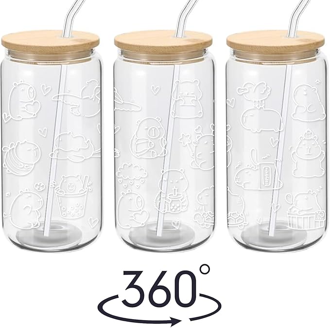 Cute Capybara Stuff - Glass Cup with Lid and Straw, Capybara Gifts for Women Girls, Funny Birthday Decoraions, Iced Coffee Cup Smoothie, 16 oz