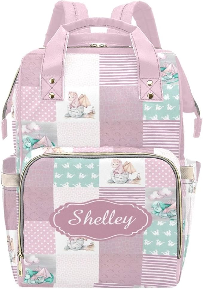Custom Dragon Pink Baby Diaper Bag with Name – Personalized Nursing Travel Tote Backpack for Mom or Dad, Custom Name Baby Daypack Gift