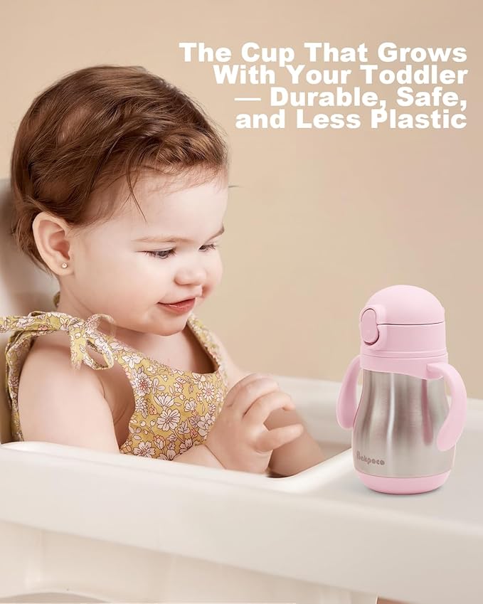Stainless Steel Sippy Straw Cup for Toddlers 1-3 Years Old, Insulated Toddler Water Bottle Baby Training Tumbler with Handles, 8oz Kids Straw Cups for Travel, Daycare & At Home, Pink