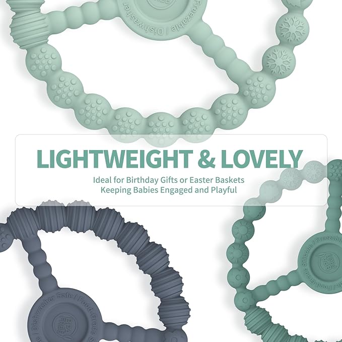 3 Pack Baby Teething Toys 3-6 Months, Silicone Ring Teethers for Babies 6-12 Months, Freezer Safe Chew Toy with Textured Grip for Boys Girls Teething Relief, Infant Easter Gift (Mint Green Blue)