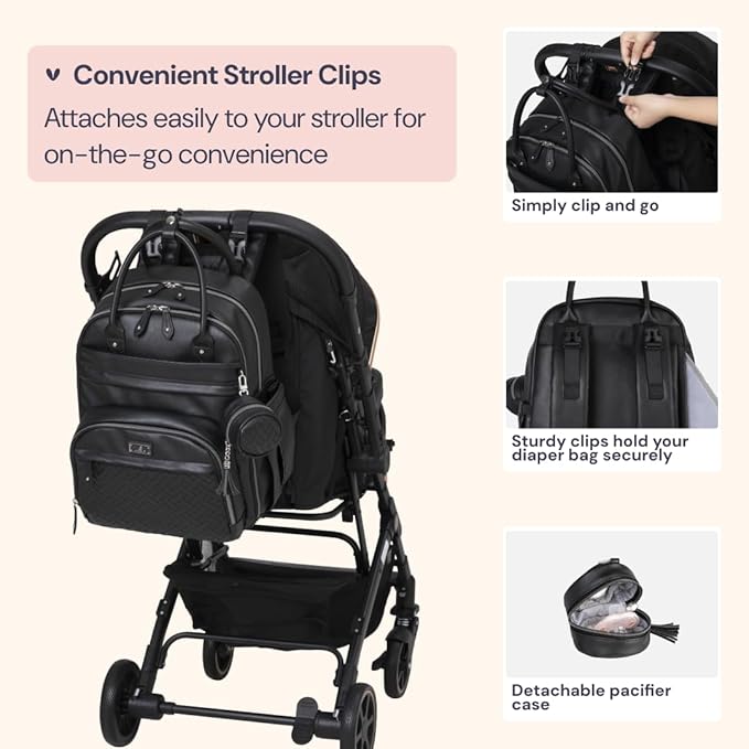 BabbleRoo Leather Diaper Bag Backpack - Baby Essentials Travel Baby Bag, Multi function, with Changing Pad, Stroller Straps & Pacifier Case – Unisex, Black