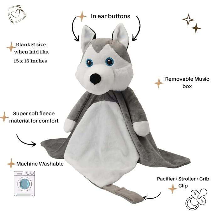 Love By Emi Baby Music Lovey Grey & White Husky, Baby Sleep Soother for Crib & Cuddle Bedtime, White Noise with Heartbeat & Lullaby, Plush Sound Toy, Stuffed Animal for Newborns, Infants & Toddlers
