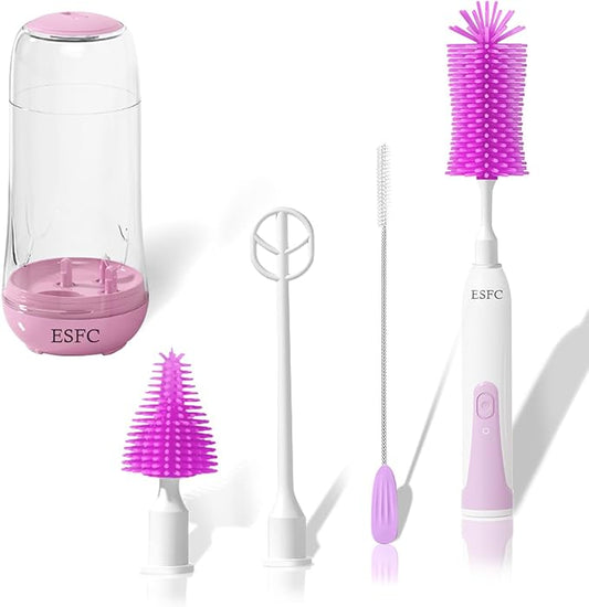 Portable Electric Baby Bottle Brush Set With Nipple/Straw Brush, Milk Frother and Drying Base, Waterproof IPX7, Rechargeable Travel Cleaning Kit, Purple