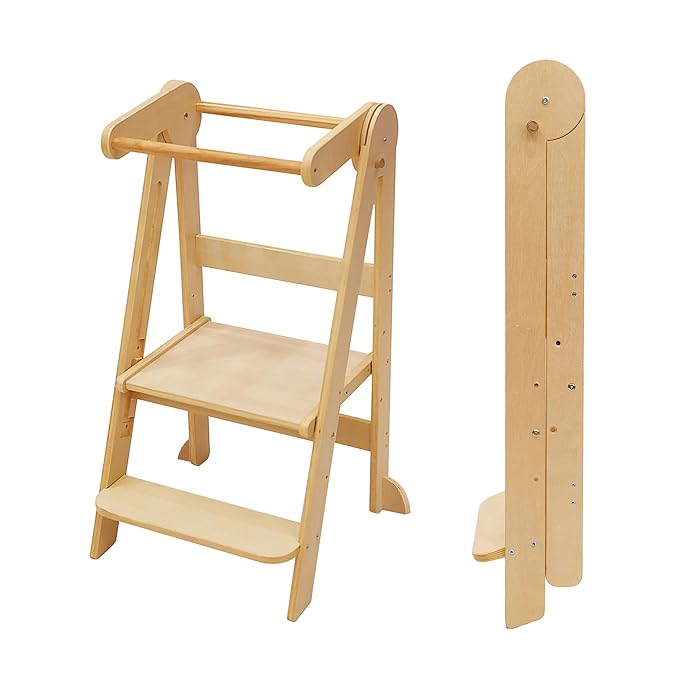 Foldable Toddler Tower Preassembled Kitchen Stool, Folding Tower for Learning with 3 Adjustable Heights Montessori Toddler Standing Tower Collapsible Step Stool for Kids 1.5-6y Natural
