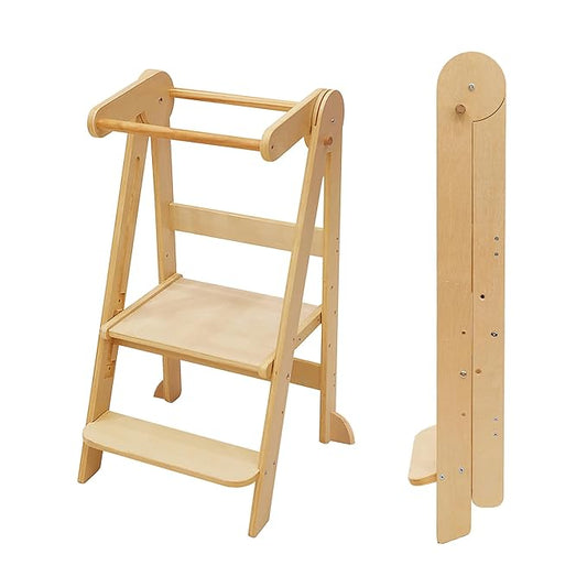 Foldable Toddler Tower Preassembled Kitchen Stool, Folding Tower for Learning with 3 Adjustable Heights Montessori Toddler Standing Tower Collapsible Step Stool for Kids 1.5-6y Natural