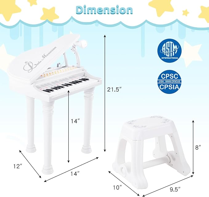 Costzon Kids Piano, 31 Key Mini Grand Piano Toy Keyboard with Microphone, Stool & Lights, Portable Electronic Piano Educational Musical Instrument Toy, Birthday Gift for Toddler Boys Girls (White)