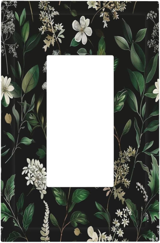 Decorative Outlet Covers Rustic Green Leaves White Flower 1 Gang Single Decora GFCI Device Light Switch Covers Plate 1 Rocker Wall Plate Jumbo Faceplate for Country Bedroom Home Decor