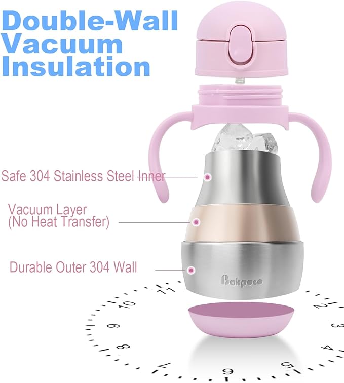 Stainless Steel Sippy Straw Cup for Toddlers 1-3 Years Old, Insulated Toddler Water Bottle Baby Training Tumbler with Handles, 8oz Kids Straw Cups for Travel, Daycare & At Home, Pink