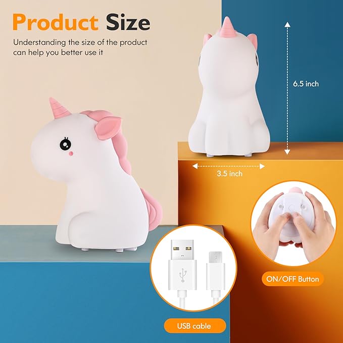Unicorn Night Lights for Girls Bedroom, Cute Silicone Kids Night Light, Rechargeable LED Night Lamp Squishy Kawaii NightLights for Baby Nursery Children Toddlers Teen Christmas Girls