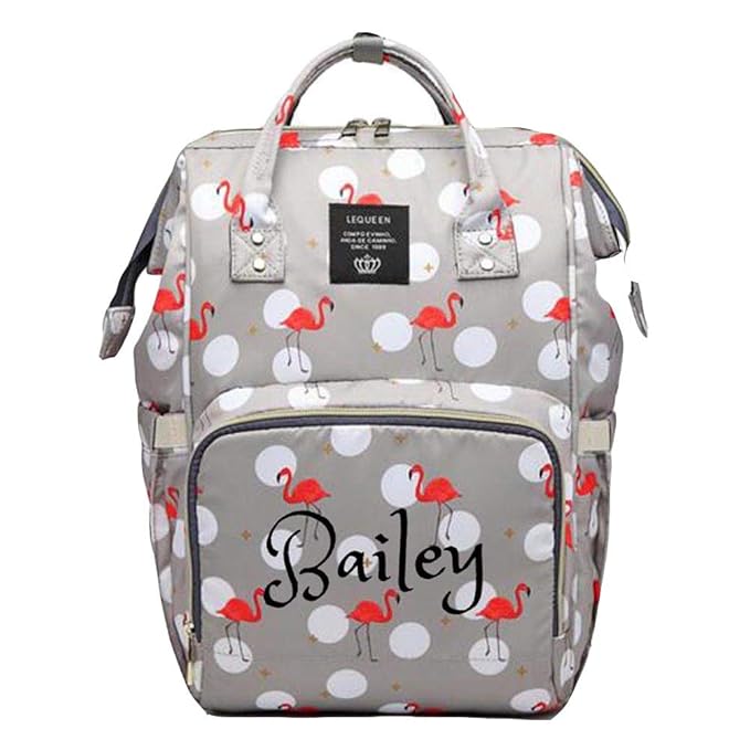 Personalized Large Diaper Bag Knapsack/Tote Bag/Backpack -Custom Monogram Embroidered for Infant/Baby Bag/ (Grey Flamingo)