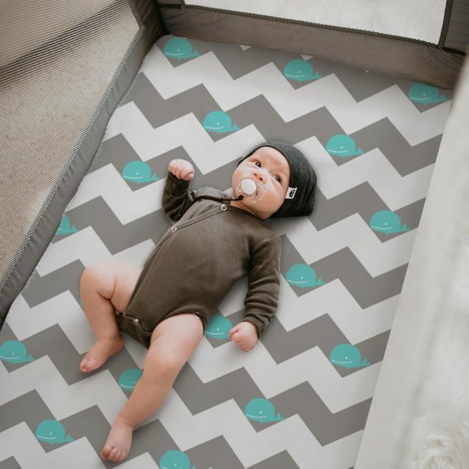 Pack n Play Sheets, BROLEX 2 Pack Mini Crib Sheets,Stretchy Portable Fitted Playard Sheet Set, Convertible Playard Mattress Cover,Ultra Soft Breathable Material,Whale Cloud