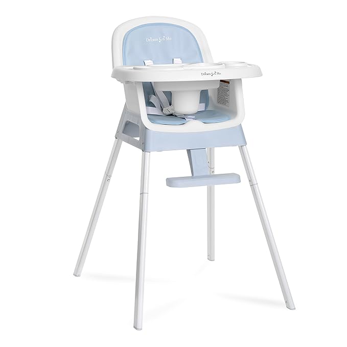 Dream On Me Curio Sit N Seek 3 in 1 Convertible Baby High Chair in Sky Blue, Removable and Adjustable Tray, Portable High Chair, Adjustable Legs, Detachable Footrest & 5 Point Safety Harness