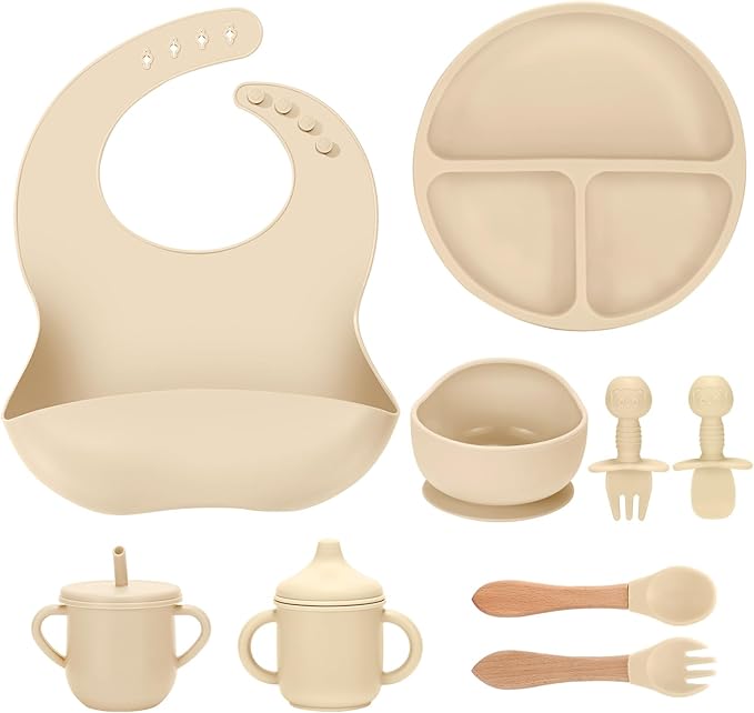 Silicone Baby Feeding Set 9 Pcs, Spill-Proof Suction Plate, Bowl, Bib, Silicone spoon&forks, Wooden Spoons&forks, Training cup with straw and Sippy Cup, Baby Eating Utensils (Beige)