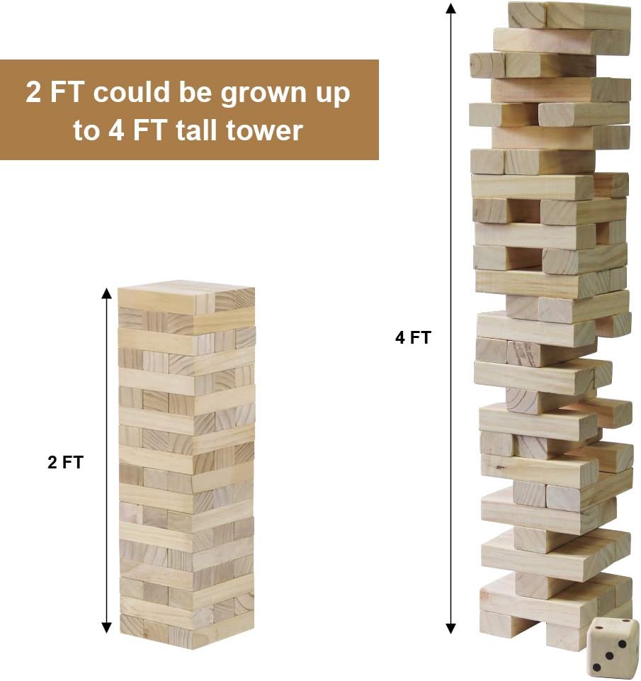 Juegoal 54 Pieces Giant Tumble Tower Blocks Game Giant Wood Stacking Game with 1 Dice Set Canvas Bag for Adult, Kids, Family