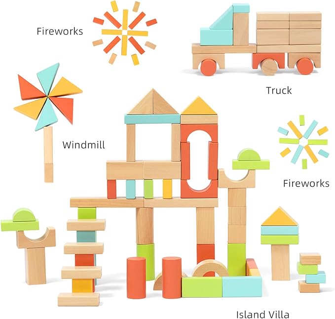 100pcs Wooden Blocks for Toddlers 1-3, Building Blocks for Toddlers 1-3, Wooden Block for Baby Shower with Storage Bucket, Montessori Toys for Preschool Girls and Boys