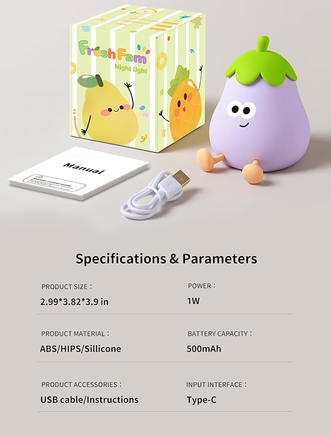 Eggplant Night Light for Kids, Nursery Night Lights, Bedside Touch Lamp, Cute Silicone Nightlight for Baby Toddler, 3 Level Dimmable Soft Night Lamps Gift for Bedroom Kids Room Decor