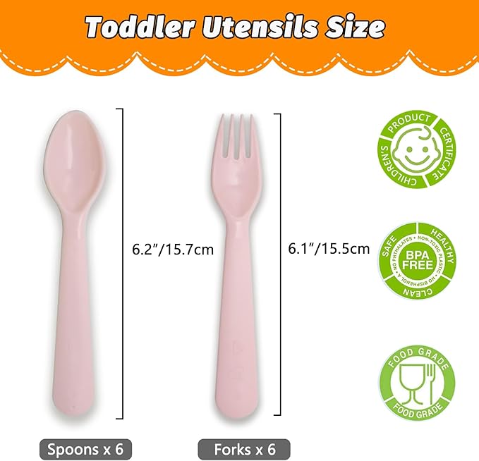 12 Pcs Kids Spoons and Forks Toddler Utensils Plastics Reusable Silverware Baby Cutlery Set Feeding Dinnerware Utensils BPA Free Microwave Dishwasher and Freezer Safe- Pink