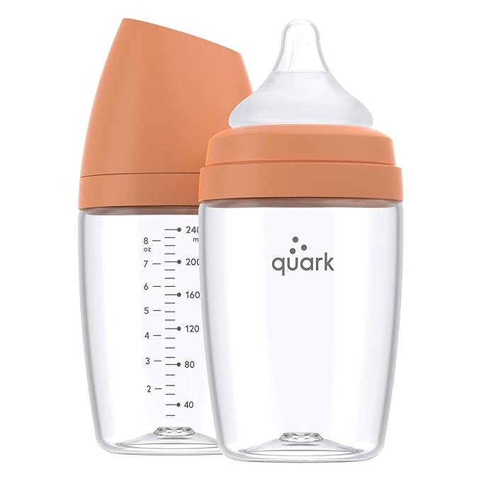BuubiBottle Max Slow Flow Bottle for Newborn Babies by Quark - with Anti-Colic RealFeel Nipple to Simulate Breastfeeding - BPA-Free, PVC-Free, Toxin-Free - 8 Oz Bottle with Lid, 2 Pack - Orange