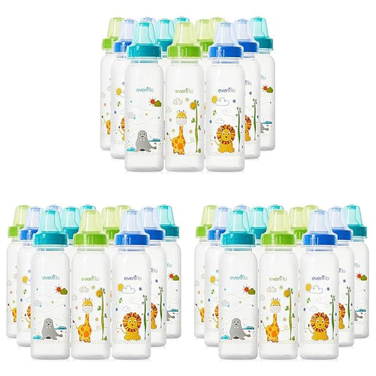 Evenflo Feeding Classic Prints Polypropylene Bottles for Baby, Infant and Newborn - Blue/Green/Teal, 8 Ounce (Pack of 36)