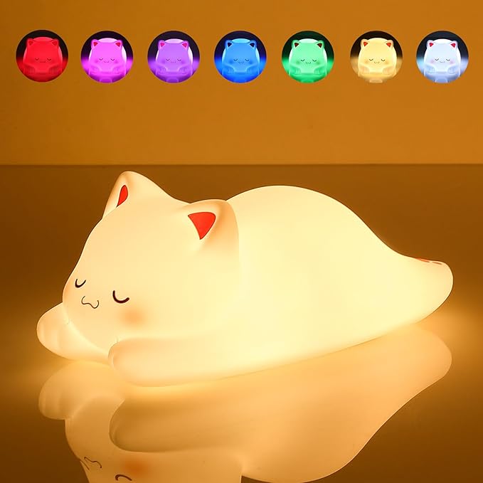 LOVERUIS Cute Night Light for Kids Cat Night-Light Baby Girl Squishy NightLight 1/3 Hour Timer Kitty Light Dimmable Nursery Lamp Colorful Nightlight Gift for Kid Toddler Kawaii Bedroom (Mimi)