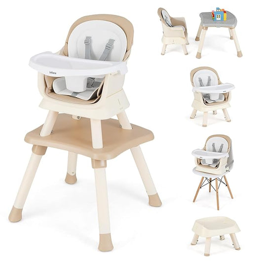 INFANS 8 in 1 Baby High Chair, Convertible Highchair for Babies and Toddlers, Infant Dining Booster Seat, Building Block Table, Kids Stool Table Chair Set with Removable Tray (8 in 1, Light Brown)