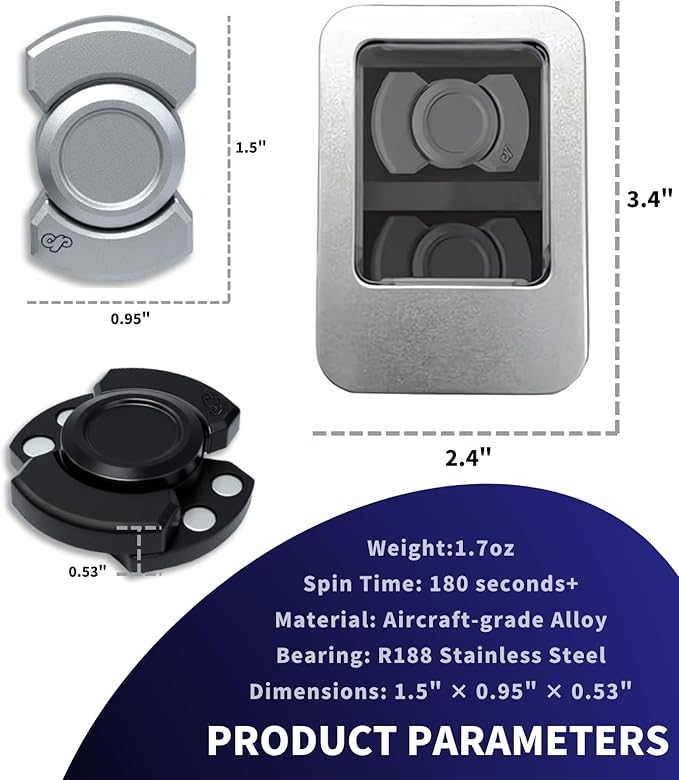 3-in-1 Alloy Fidget Toys Adults - Fidget Spinner,Clicker,Slider Modes,Ultra-Silent,High-Speed Rotation,3-Minute Spin Time,Compact Stress Relief Toy for Adult(2 Pcs)