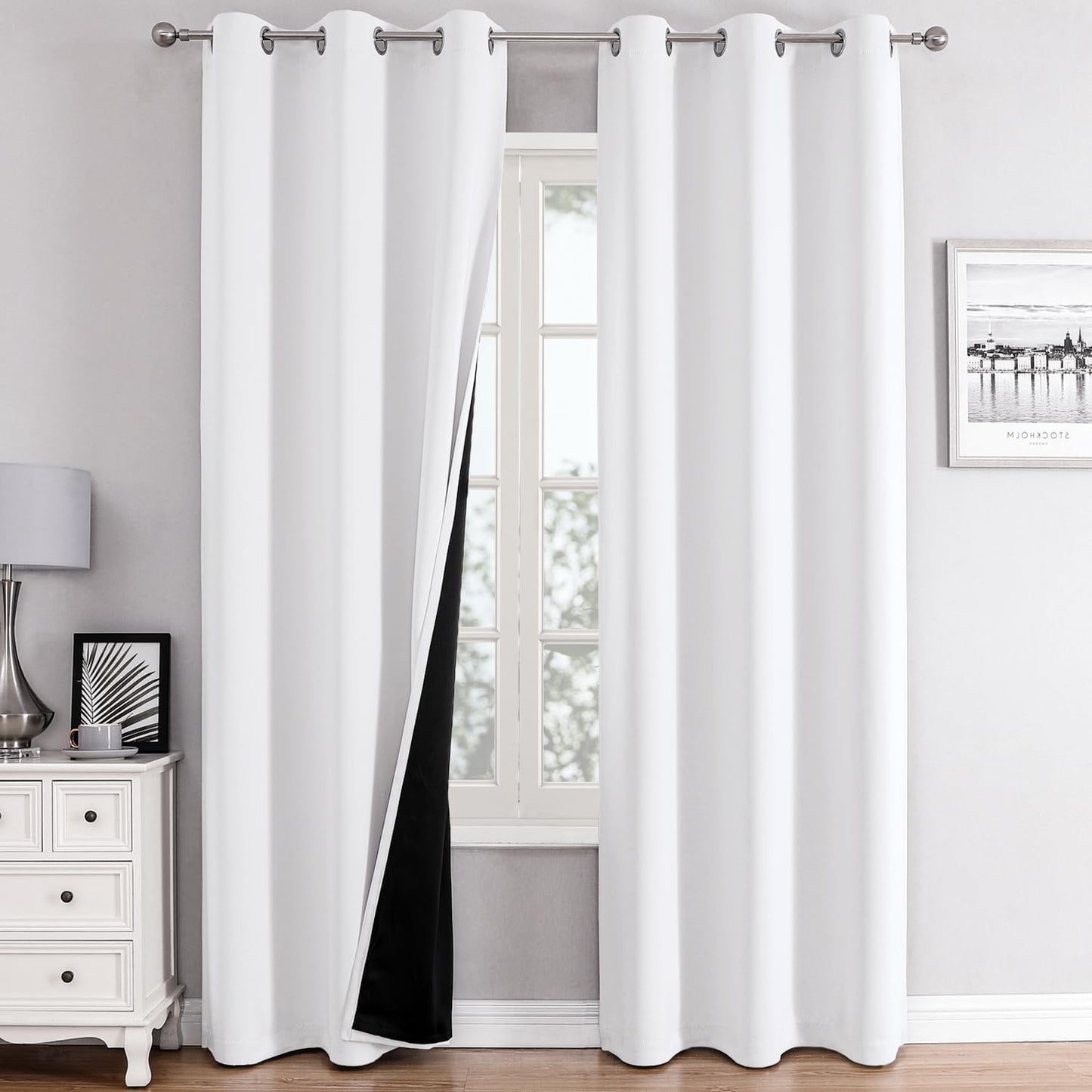 ChrisDowa 100% Blackout Curtains 72 inch Long for Bedroom with Black Liner, 2 Thick Layers Total Blackout Thermal Insulated Grommet Window Curtains 2 Panels Set (Pure White, 42 x 72 Inch)