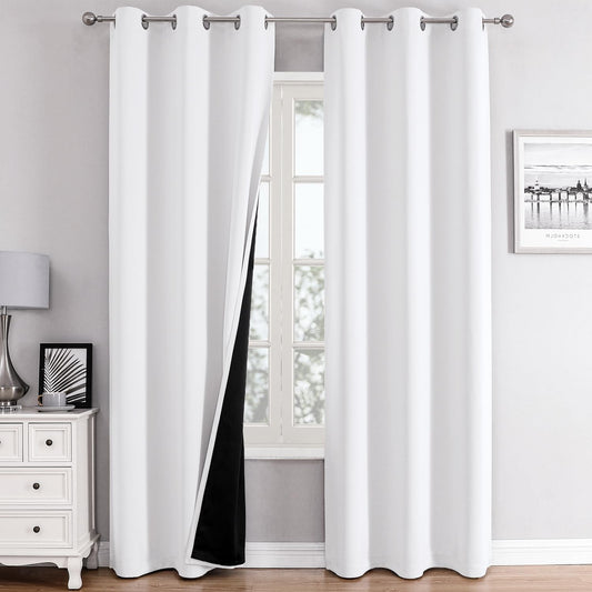 ChrisDowa 100% Blackout Curtains 72 inch Long for Bedroom with Black Liner, 2 Thick Layers Total Blackout Thermal Insulated Grommet Window Curtains 2 Panels Set (Pure White, 42 x 72 Inch)