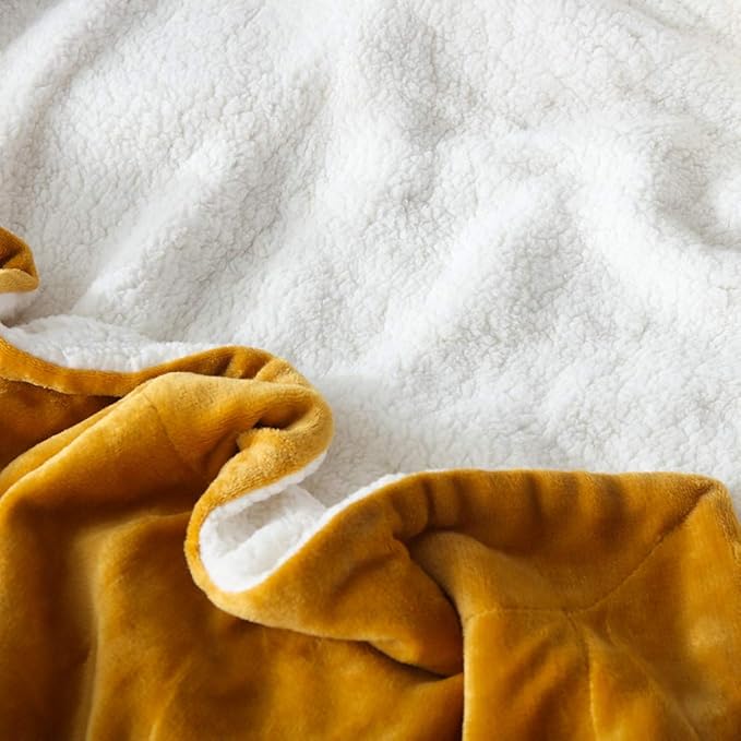 NANPIPER Bed Blanket Reversible Sherpa Flannel Throw Blanket Super Soft Fuzzy Plush Fleece Microfiber (90"x90" Ginger Yellow) Queen