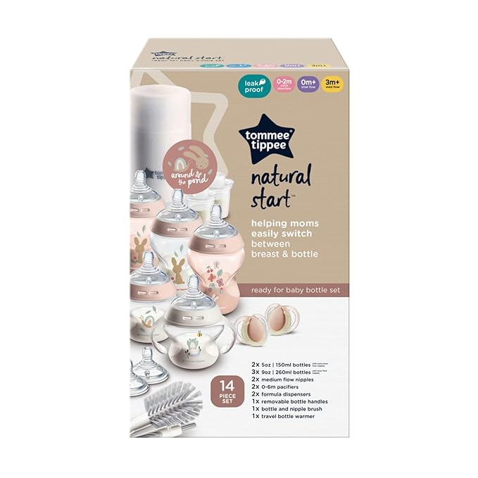 Tommee Tippee Natural Start 14 Piece Baby Bottle, Travel Bottle Warmer & Pacifier Set, 5 BPA Free Bottles, 0+ Months, 2 Newborn Pacifiers, 2 Extra Nipples, 2 Formula Dispensers, Bottle Brush, Pink