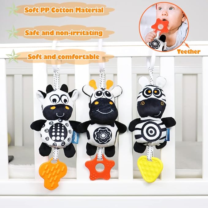 KAKIBLIN Baby Hanging Toy,3 Pack Black and White Sensory Toys for for 0 3 6 9 to 12 Months, High Contrast Soft Hanging Crinkle Squeaky Learning Toy with Teether for Boys Girls (21CM, Zebra,Deer&Cow)