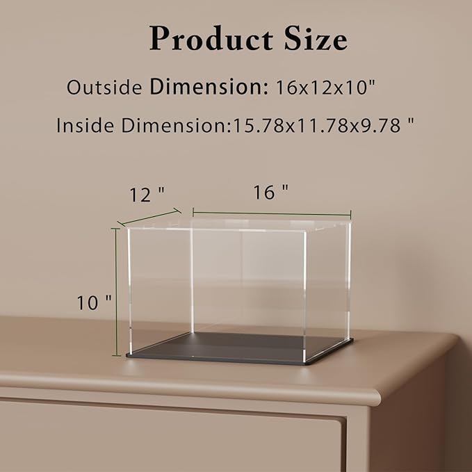 SVENJBB Large Display Case for Collectibles, 16x12x10 Inch Acrylic Box for Miniature House and Figures, Clear Acrylic Display Cases with Matte Black Base for Collection Protection and Storage