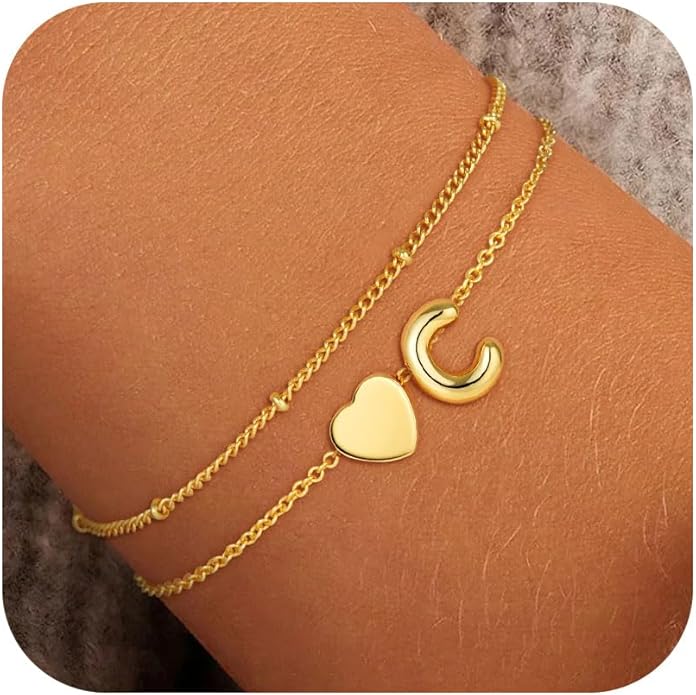 Heart Initial Bracelets for Women Girls - 18K Gold Plated A-Z Initial Bracelet Dainty Gold Bracelets for Women Teen Girl Gifts Trendy Stuff