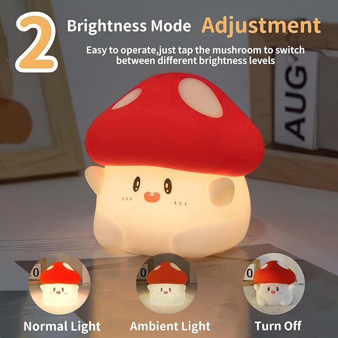 Cordless Mushroom Lamp, Adorable Mushroom Night Light, Soft Silicone Dimmable Night Light for Kids Baby Rooms,Rechargeable Touch Desk Lamp with Timer for Nursery, Dorm Decor