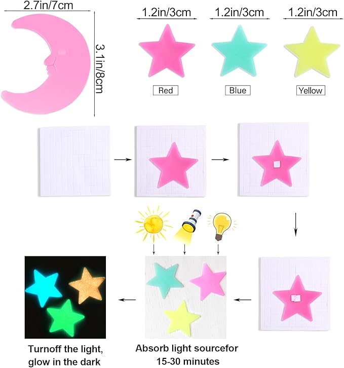 200 Pcs Glow in The Dark Luminous Colorful Stars and Pink Moon Fluorescent Noctilucent Plastic Wall Stickers Murals Decals for Home Art Decor Ceiling Wall Decorate Kids Babys Bedroom Room