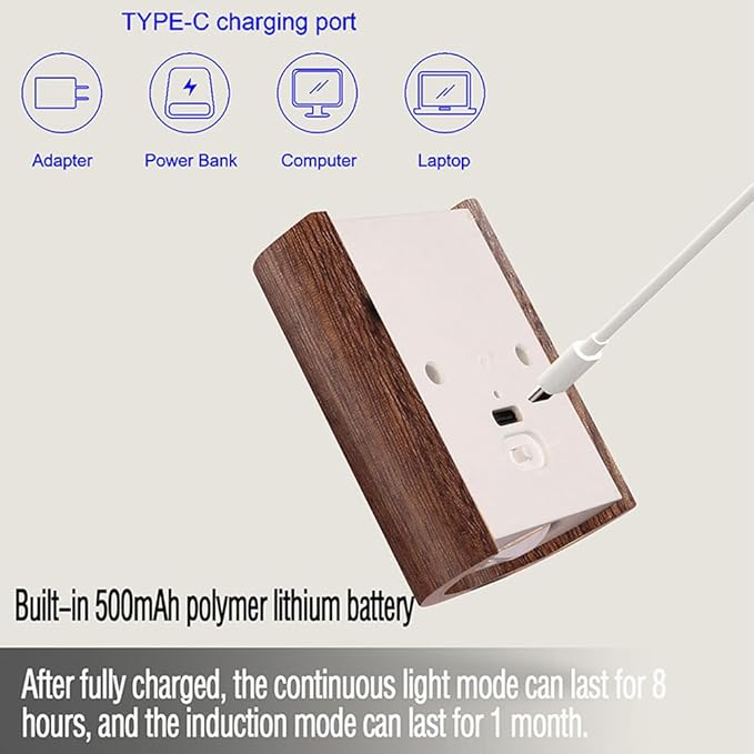 LANDGOO Smart Night Light Step Light - Rechargeable Motion Sensor Stair Lamp, 2700K Warm White LED Walnut Wood for Bedroom Hallway Safety (1 Pack)