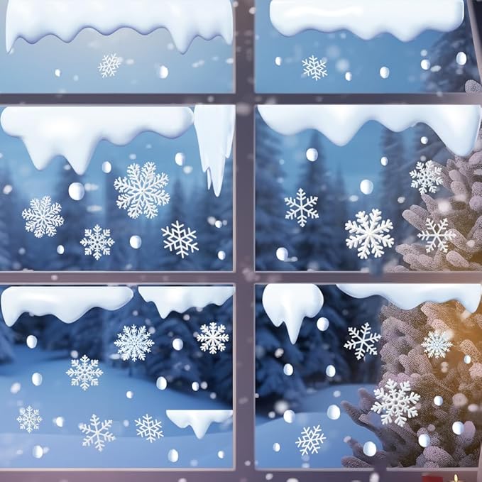 Winter White Snowflakes Window Clings for Glass Window, Snowdrift Snowball Icicle Window Stickers Set Double Sided Christmas Window Stickers Decals for Holiday Theme Party 4 Sheet